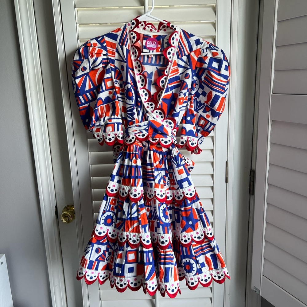 Scalloped Geometric Print Mini Dress Puff Sleeve Celia B Andromeda Extra Small - Picture 3 of 5